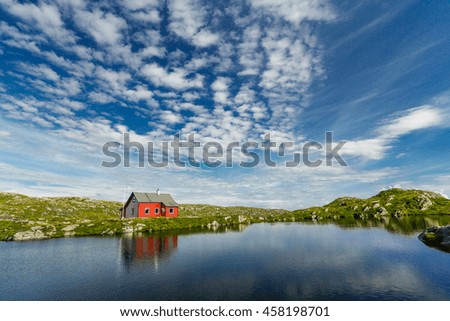 Traditional Norwegian countryside house at the top of Ulriken mountain near Bergen city  