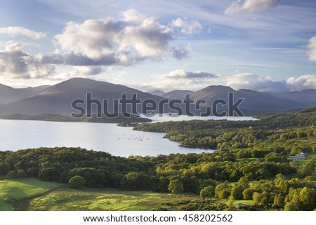 Summer evening from Conic hill on the banks of Loch Lomond above Balmaha Royalty-Free Stock Photo #458202562