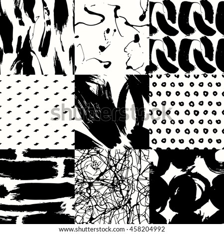 Set of seamless pattern with creative texture. Vector illustration of paint strokes, spray on white background. Black and white.