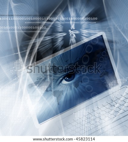 Technology background with computer, a world map and the eye Royalty-Free Stock Photo #45823114