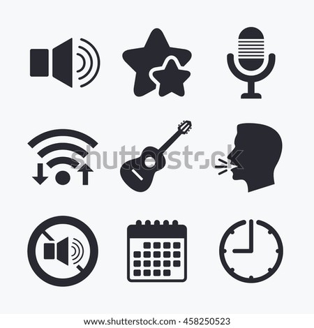 Musical elements icons. Microphone and Sound speaker symbols. No Sound and acoustic guitar signs. Wifi internet, favorite stars, calendar and clock. Talking head. Vector