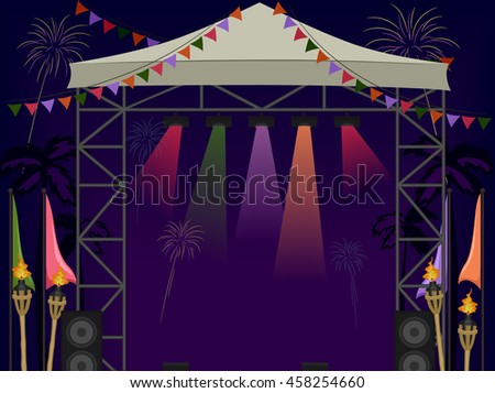 Illustration of a Beach Stage with Fireworks in the Background