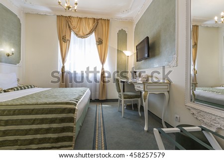 Interior of  luxury double bed hotel room