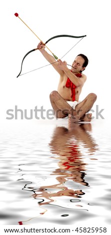 Cupid with bow sitting near water