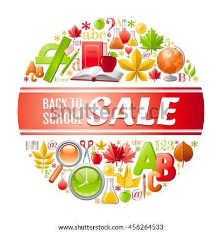 Vector illustration of back to school sale. Icon set with concept abstract symbols. Elegant modern style. Design template with text, autumn leaf, education signs - book, rule, pencil, brush, globe
