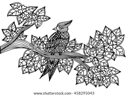 Tropical parrot, flowers and leaves. Page of coloring book for adults and children, art therapy. Outline drawing, doodles. Vector illustration