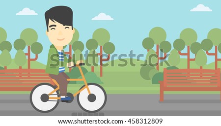 An asian young man riding a bicycle in the park. Cyclist riding bike on forest road. Man on a bike outdoors. Healthy lifestyle concept. Vector flat design illustration. Horizontal layout