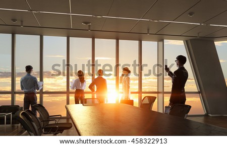 Silhouettes of Business People in Office. Mixed media . Mixed media