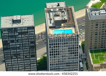 Chicago skyline aerial view. No brand names or copyright objects. 