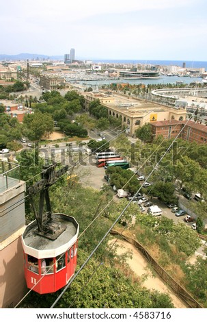 A view of Barcelona old port (Port Vell) from the departure station of the old cableway from Mont Juic to the sea
