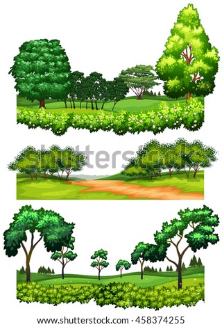 Nature scenes with trees and fields illustration