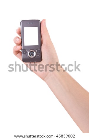 Hand holding mobile phone isolated on white