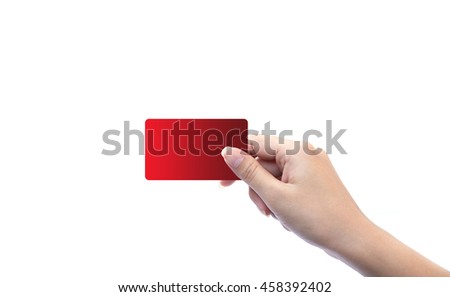 Woman hand holding blank color paper business card isolated on white background,with clipping path,with copy space