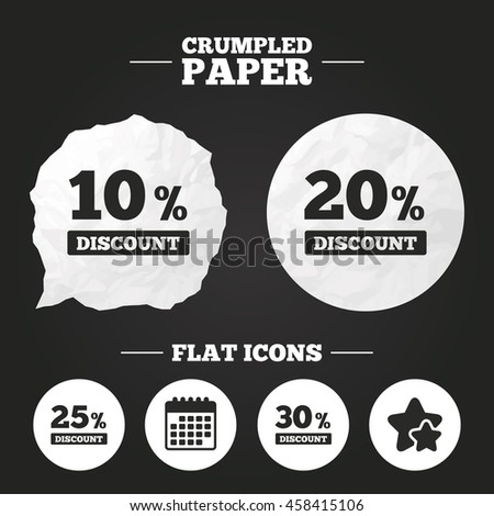 Crumpled paper speech bubble. Sale discount icons. Special offer price signs. 10, 20, 25 and 30 percent off reduction symbols. Paper button. Vector