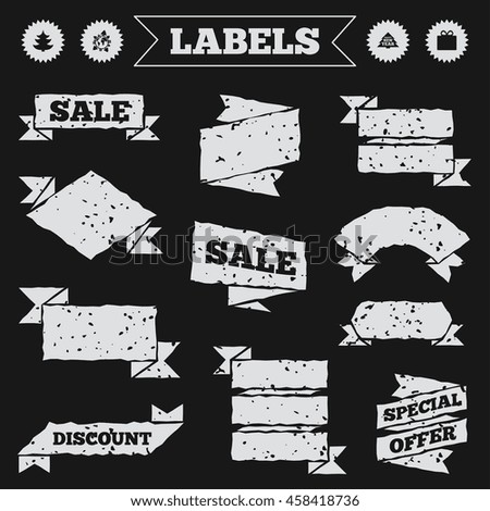Stickers, tags and banners with grunge. Happy new year icon. Christmas trees and gift box signs. World globe symbol. Sale or discount labels. Vector