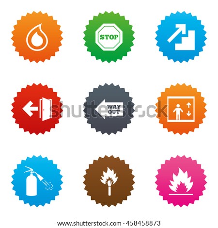 Fire safety, emergency icons. Fire extinguisher, exit and stop signs. Elevator, water drop and match symbols. Stars label button with flat icons. Vector