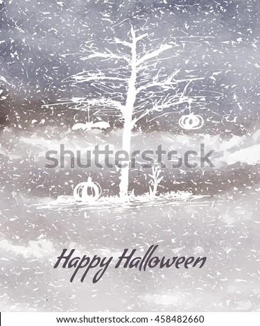 Halloween card template. Trees with roots, watercolor background. Pumpkin, bat, plant elements. Happy Halloween 