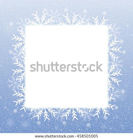 Winter holiday square frame style with fall shining snow. Falling white snow with blue winter sky. Merry Christmas, New Year background, banner, poster, card. Vector frames snowflakes illustration.