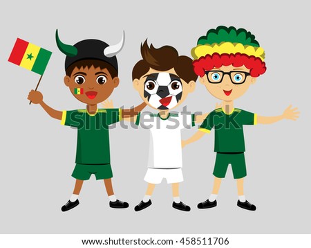 Fan of Senegal national football team, sports. Boy with flag in the colors of the state command with sports paraphernalia.