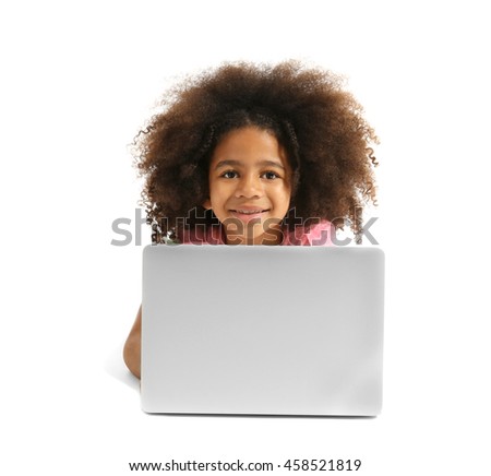 Happy African girl with laptop, isolated on white