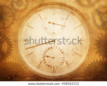 Grunge clock face and gear. Retro stale.