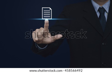 Businessman pressing document icon on blue background, Network information business concept
