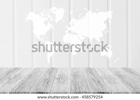Wall texture surface white color use for background with Wood terrace and world map