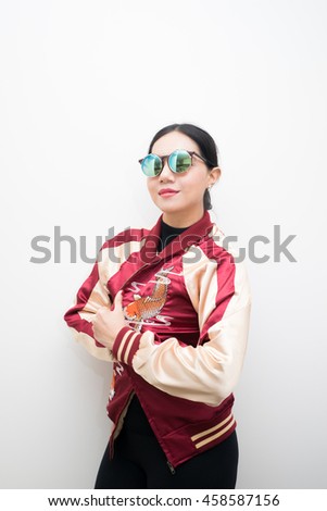 asian woman with red jacket fashion