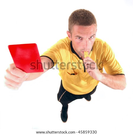 a football judge with red card and  whistle