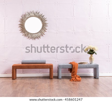 modern soft pink background empty wall wooden floor stool