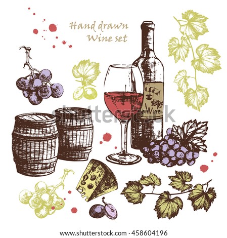 Hand Drawn wine set. Vector illustration with bottle,wine glass,grapes,cheese and wine barrel. Wine card,wine background, wine illustration. Royalty-Free Stock Photo #458604196