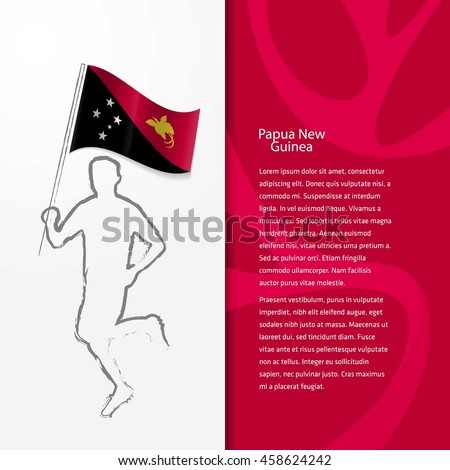 Young athlete running with holding Papua New Guinea Flag with typography background. Athlete with Country flag running in Rio background