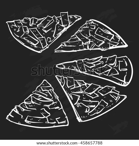Vector pizza slice isolated on a black background. Hand Draw pizza outline vector illustration.