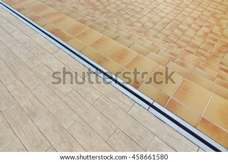 Beige Brown Tiled Surface With Stairway And  Flooring Background Texture, Diagonal Lines, Copy Space, Top View