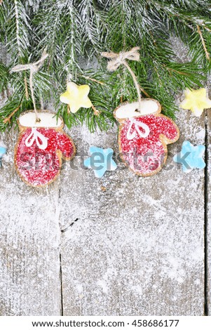 Christmas and New Year Background with Tree and Gingerbread Studio Photo