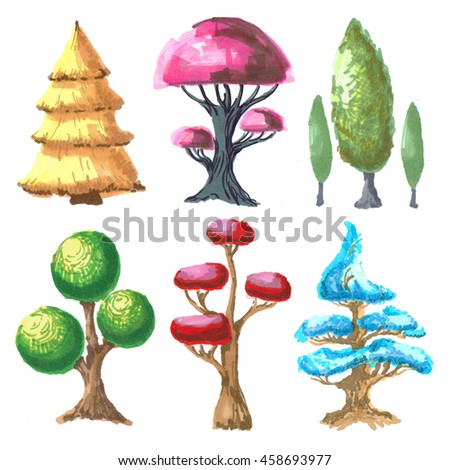 Fantastic colorful trees. Drawn markers. Hand drawn.