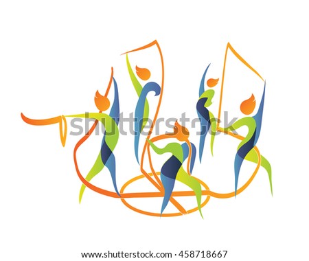 Modern Summer Sports Logo Symbol - Group Competition Gymnastic Rhythmic Athlete Silhouette
