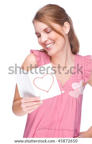 Full isolated studio picture from a young woman with love letter