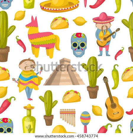Mexican seamless background pattern with elements of traditions and attractions of the country vector illustration