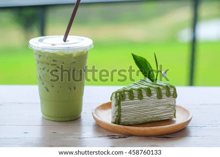 Iced latte green tea and green tea crape cake