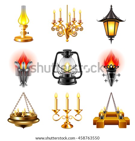 Vintage lamps icons detailed photo realistic vector set