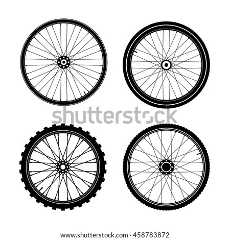 Silhouettes of a bicycle wheel. Road and mountain bike wheels and tires. Vector illustration on white background. 