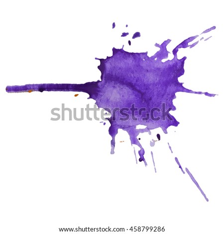Expressive abstract watercolor stain with splashes and drops of violet color.