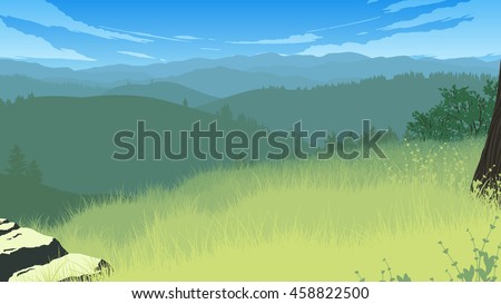 hills landscape flat color illustration in day time