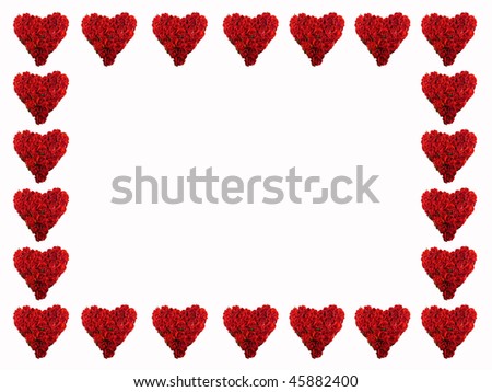 Frame made of red hearts filled with red roses on a white background