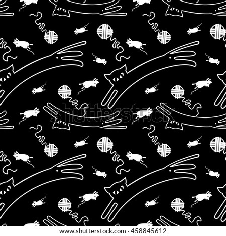 Black and white seamless pattern with cat's silhouette. Vector clip art.