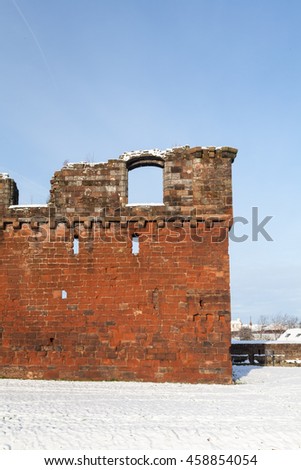 Penrith Castle.  The castle, pictured on a winter's morning, is situated in a public park in Penrith, Cumbria, northern England.  It was built in the 14th century as a defence from Scottish invaders.
