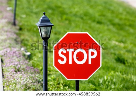 A Stop sign is a red octagon on a background of grass and rivers.