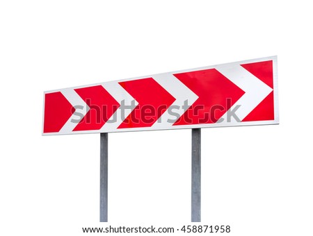 Dangerous turn. Red and white stripped arrow. Road sign isolated on white background with perspective effect