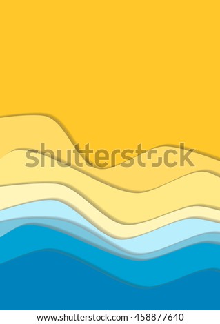Yellow and blue curve wave line background, sea and beach in paper cut style. space for text. Cropped with Clipping Mask